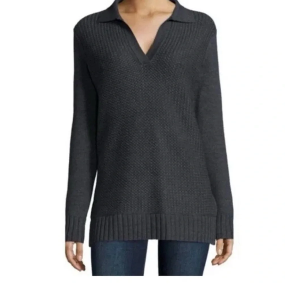 Tory Burch Charcoal Gray Henley Melange Classic Wool Honeycomb Sweater size M
